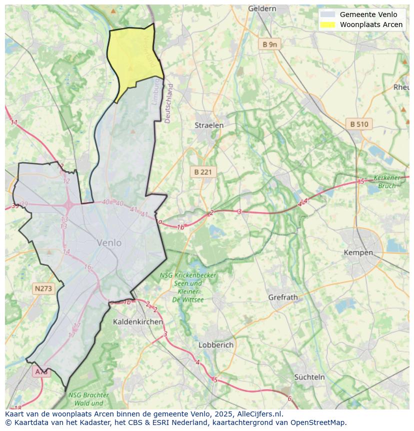 Afbeelding van de woonplaats Arcen op de kaart.