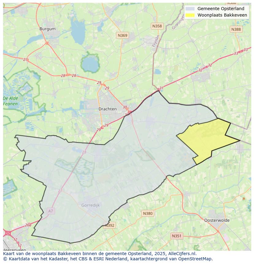 Afbeelding van de woonplaats Bakkeveen op de kaart.