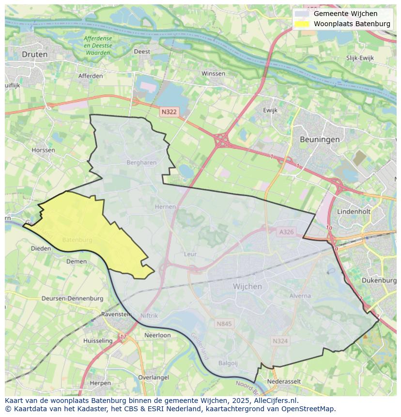 Afbeelding van de woonplaats Batenburg op de kaart.