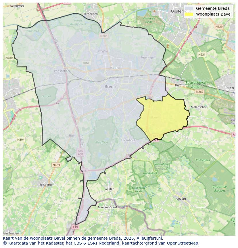 Afbeelding van de woonplaats Bavel op de kaart.