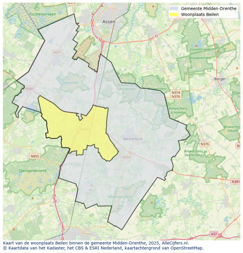 Afbeelding van de woonplaats Beilen op de kaart.
