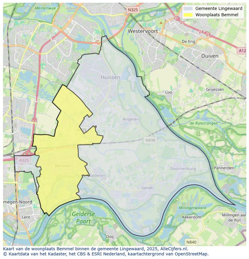Afbeelding van de woonplaats Bemmel op de kaart.