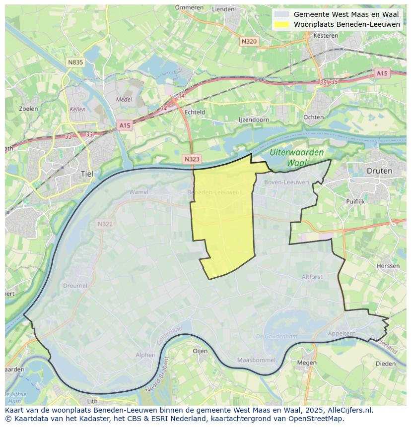 Afbeelding van de woonplaats Beneden-Leeuwen op de kaart.