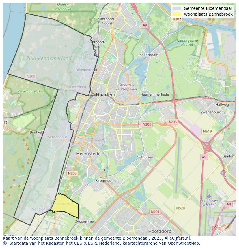 Afbeelding van de woonplaats Bennebroek op de kaart.