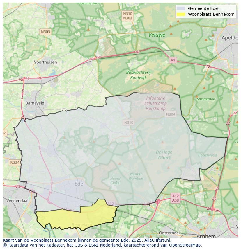 Afbeelding van de woonplaats Bennekom op de kaart.
