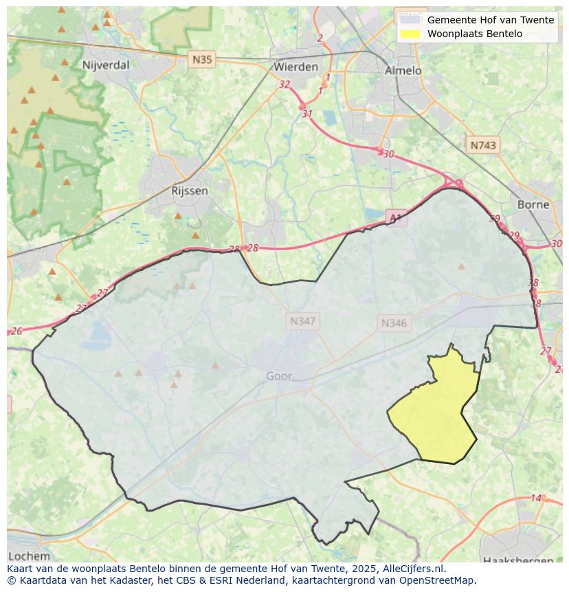 Afbeelding van de woonplaats Bentelo op de kaart.
