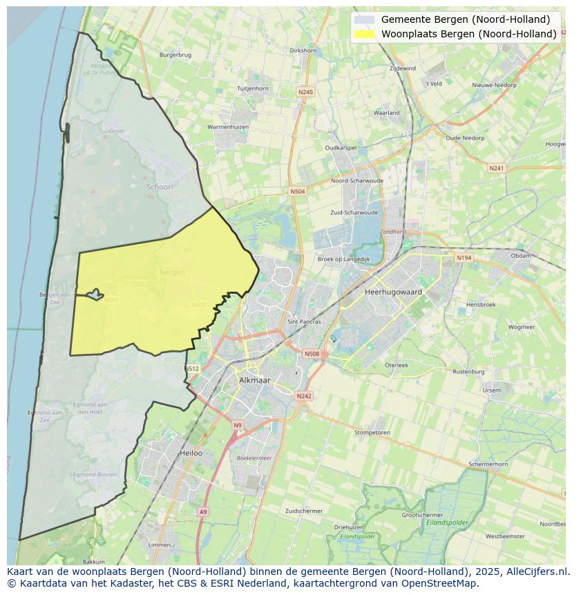 Afbeelding van de woonplaats Bergen op de kaart.
