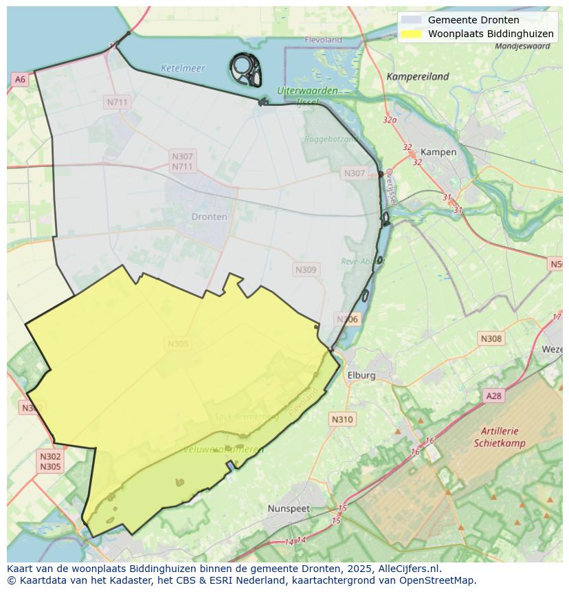 Afbeelding van de woonplaats Biddinghuizen op de kaart.