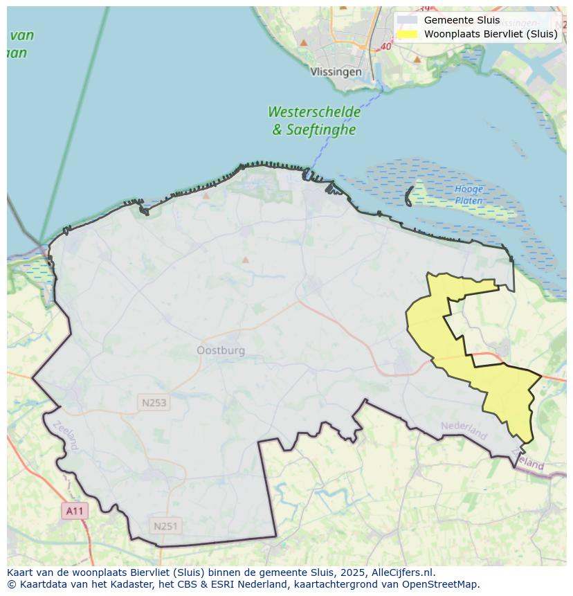 Afbeelding van de woonplaats Biervliet op de kaart.