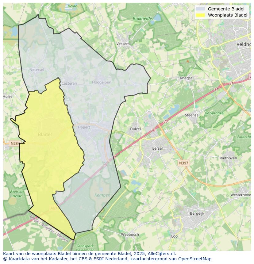 Afbeelding van de woonplaats Bladel op de kaart.