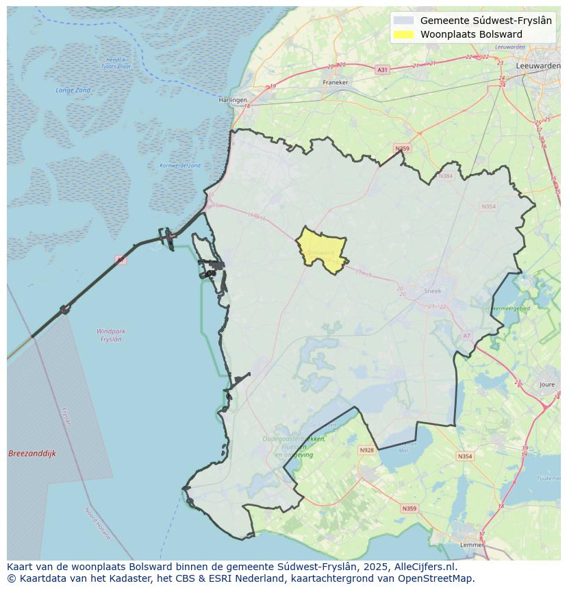 Afbeelding van de woonplaats Bolsward op de kaart.