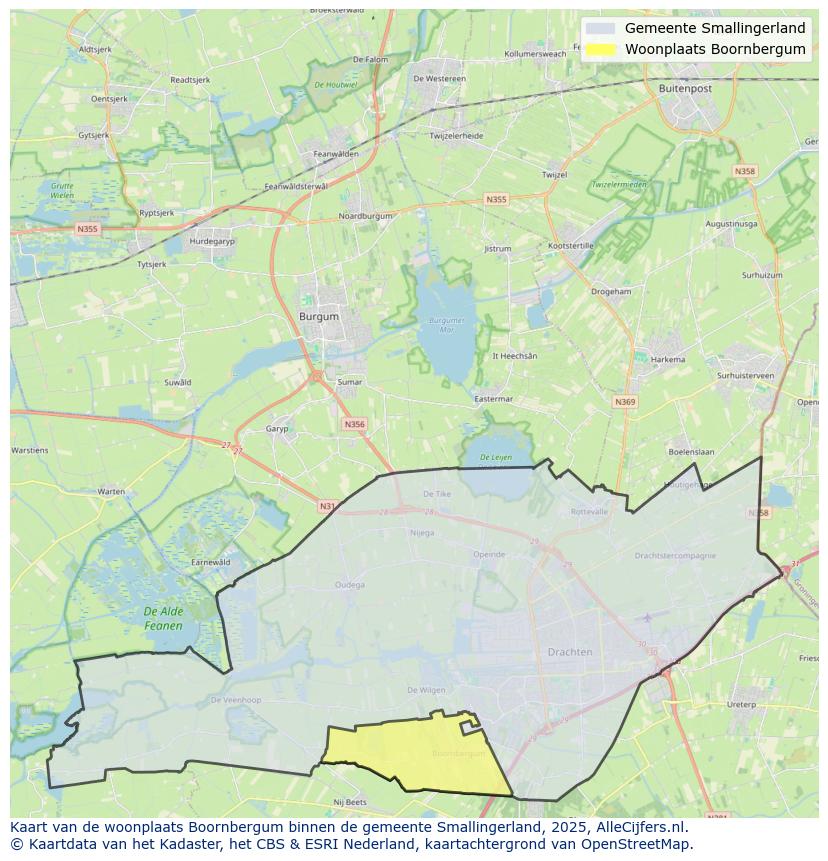 Afbeelding van de woonplaats Boornbergum op de kaart.