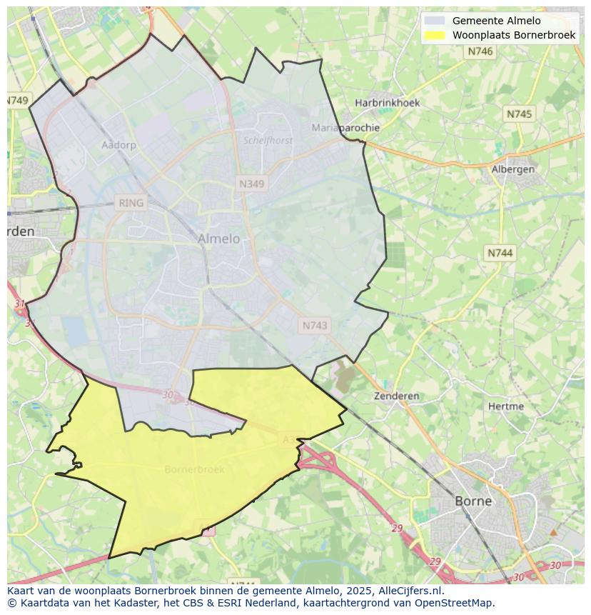 Afbeelding van de woonplaats Bornerbroek op de kaart.