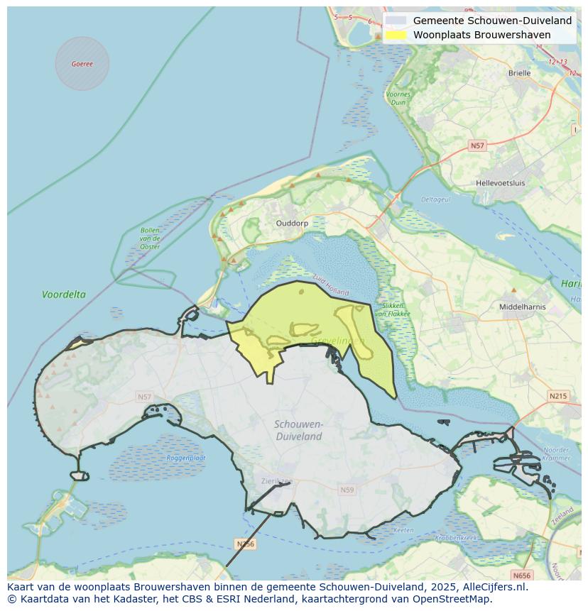 Afbeelding van de woonplaats Brouwershaven op de kaart.
