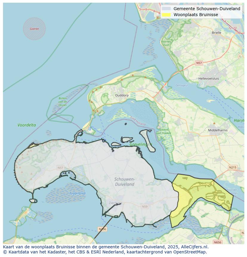 Afbeelding van de woonplaats Bruinisse op de kaart.