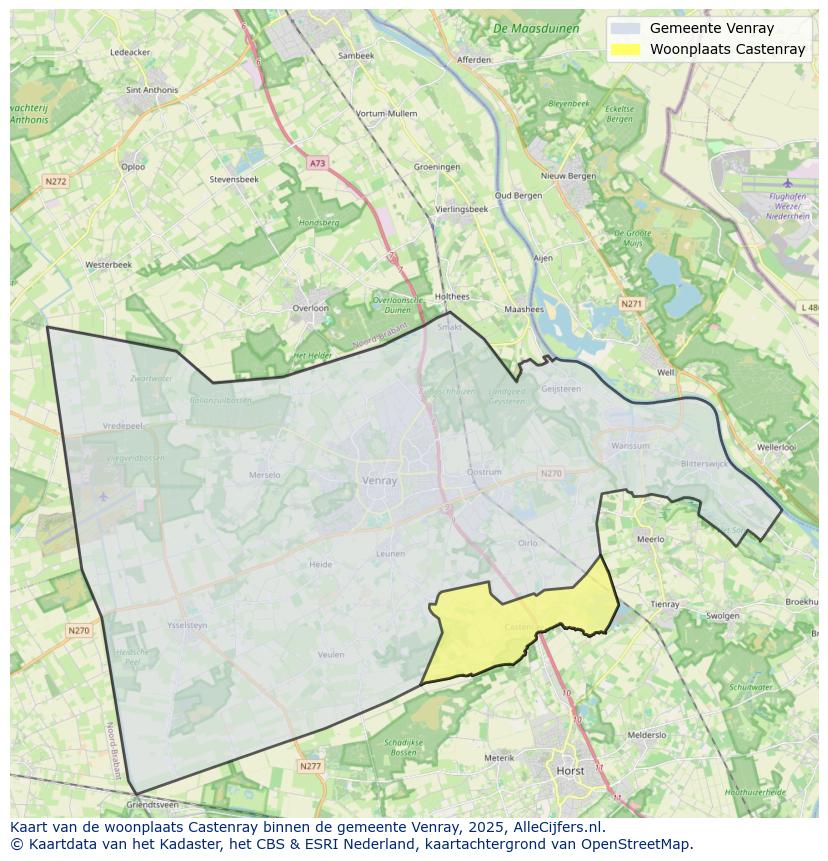 Afbeelding van de woonplaats Castenray op de kaart.