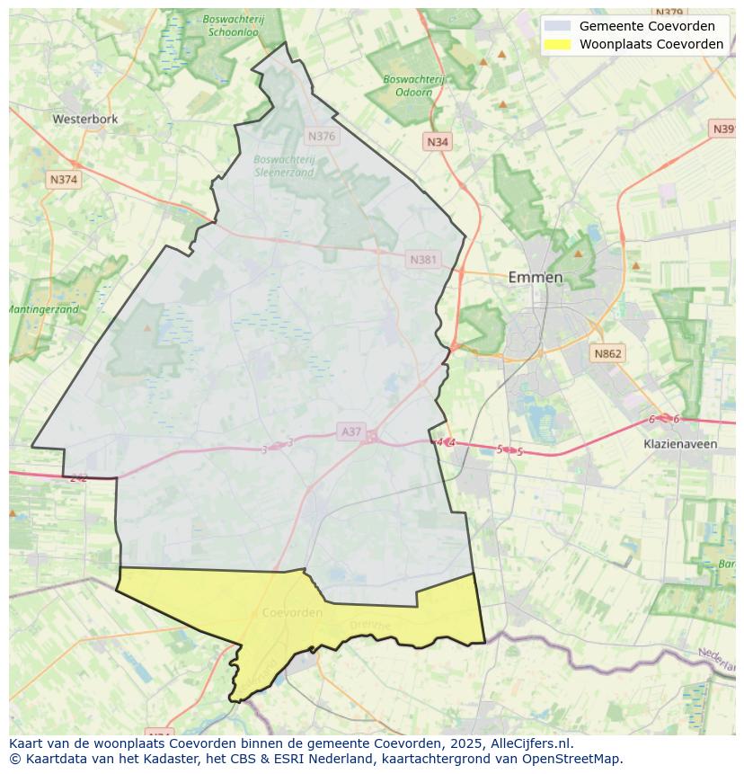 Afbeelding van de woonplaats Coevorden op de kaart.