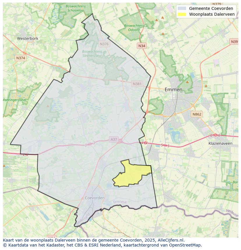 Afbeelding van de woonplaats Dalerveen op de kaart.