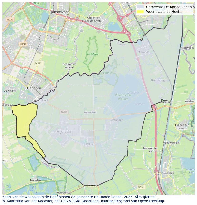 Afbeelding van de woonplaats de Hoef op de kaart.