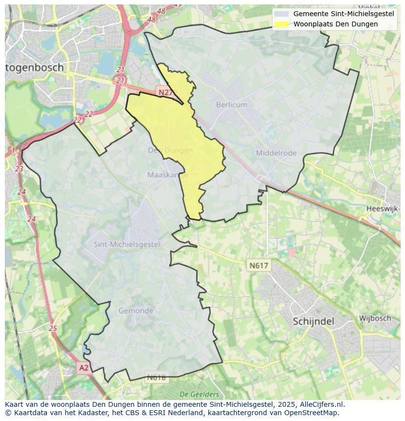 Afbeelding van de woonplaats Den Dungen op de kaart.