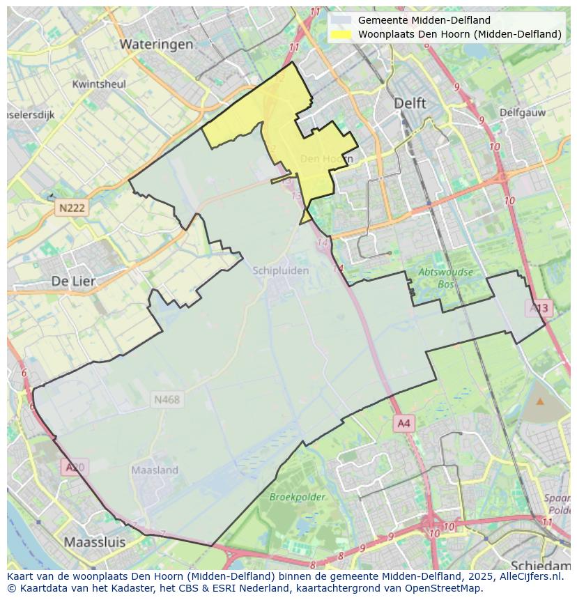 Afbeelding van de woonplaats Den Hoorn op de kaart.