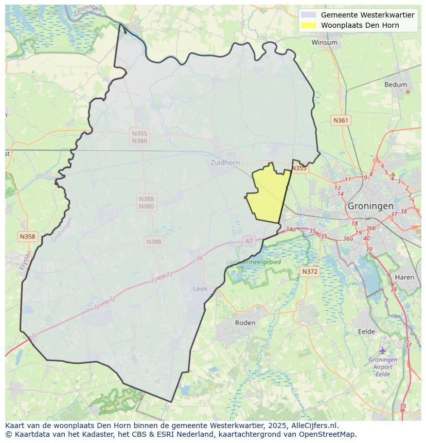 Afbeelding van de woonplaats Den Horn op de kaart.