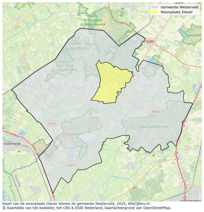 Afbeelding van de woonplaats Diever op de kaart.