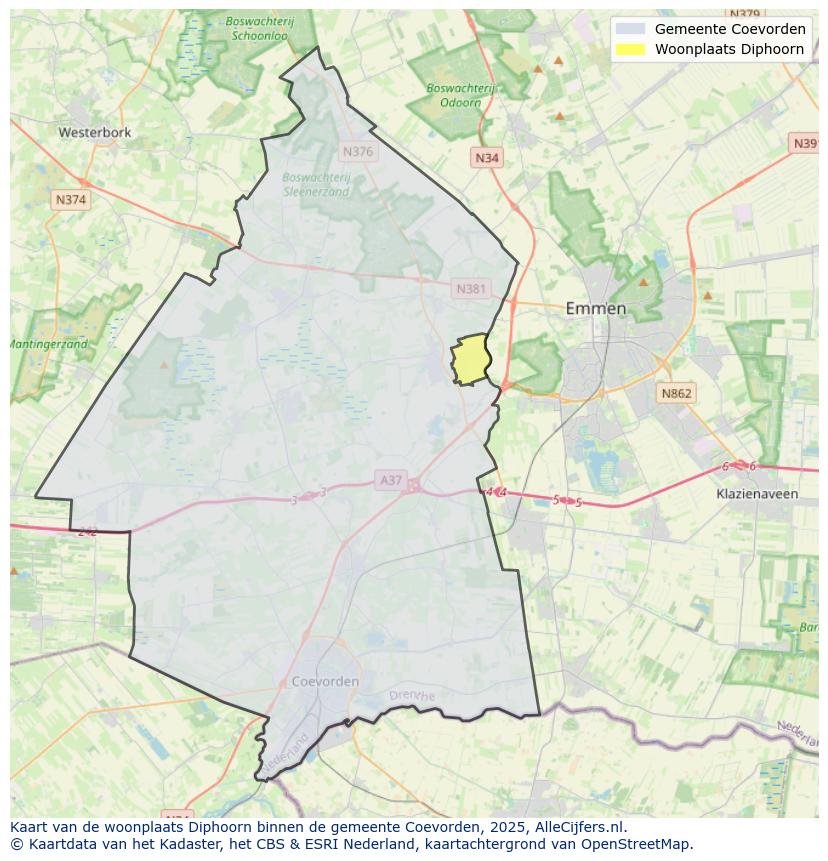 Afbeelding van de woonplaats Diphoorn op de kaart.
