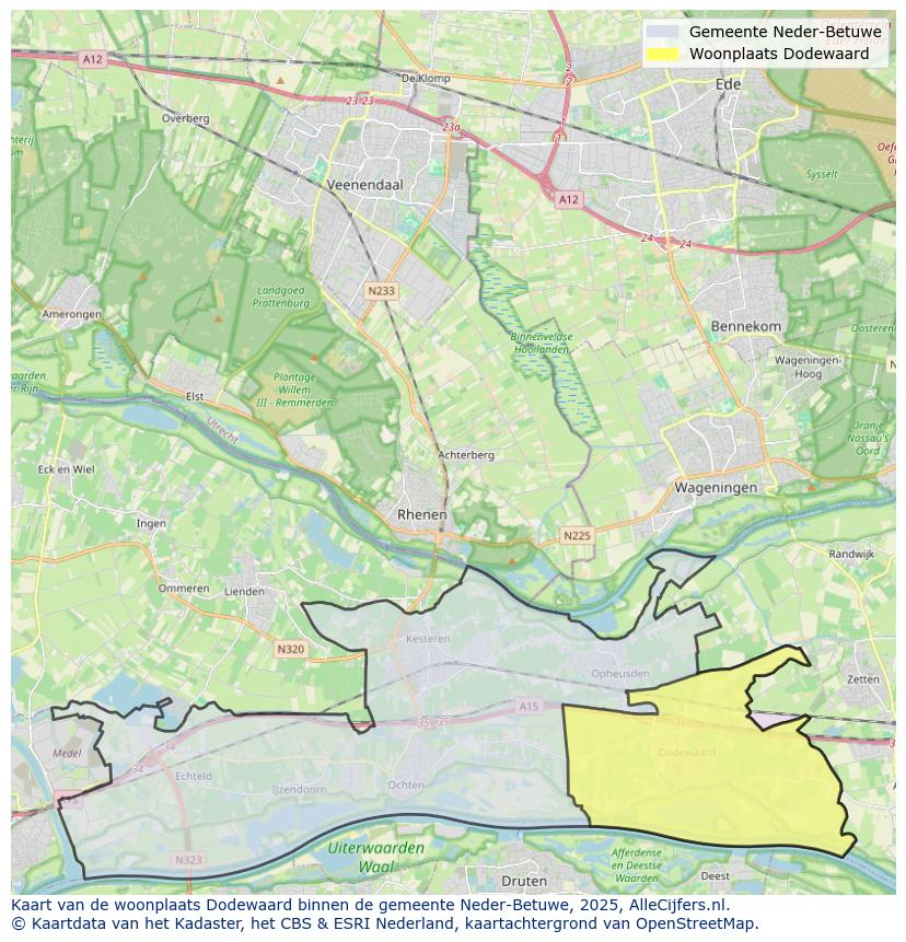 Afbeelding van de woonplaats Dodewaard op de kaart.