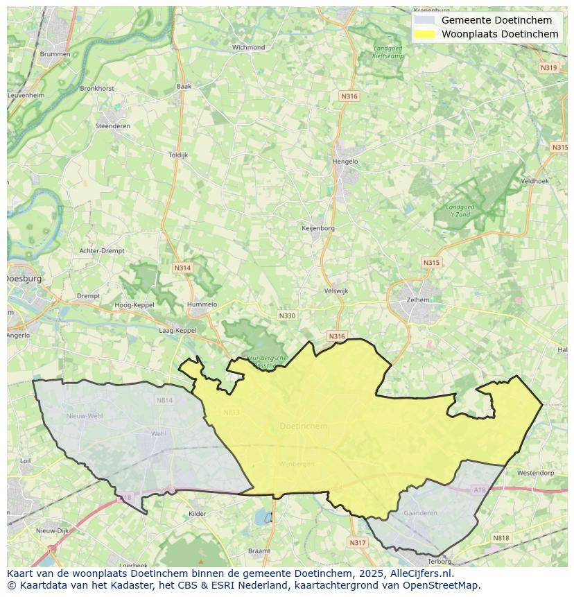 Afbeelding van de woonplaats Doetinchem op de kaart.