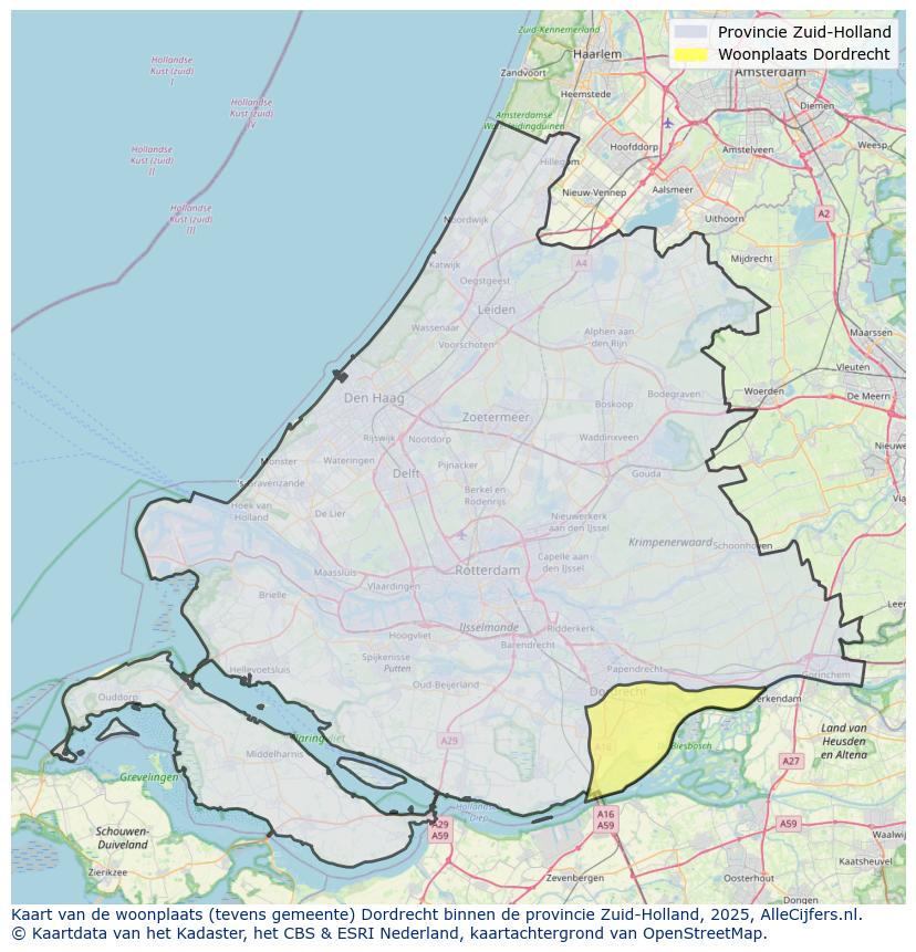 Afbeelding van de woonplaats Dordrecht op de kaart.