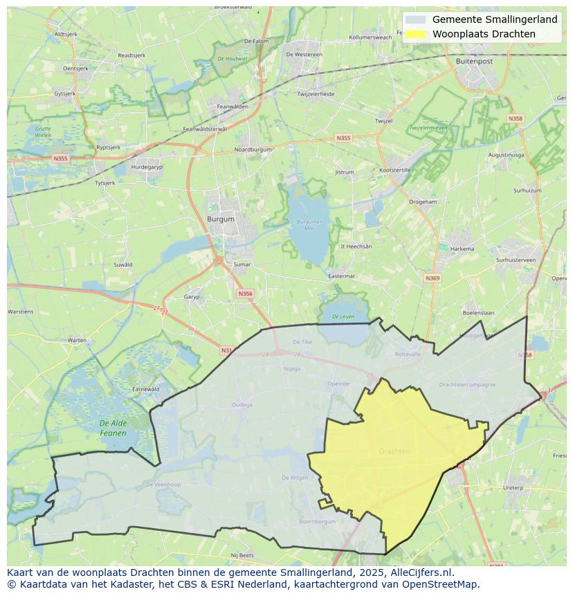 Afbeelding van de woonplaats Drachten op de kaart.