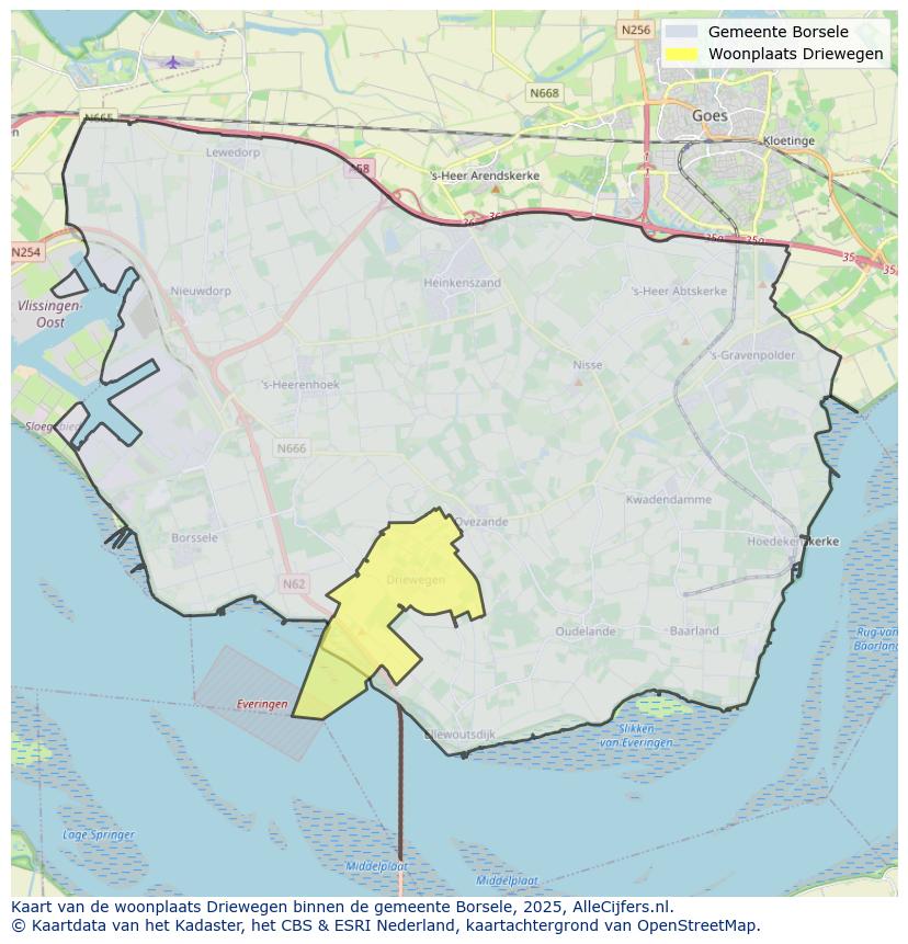 Afbeelding van de woonplaats Driewegen op de kaart.