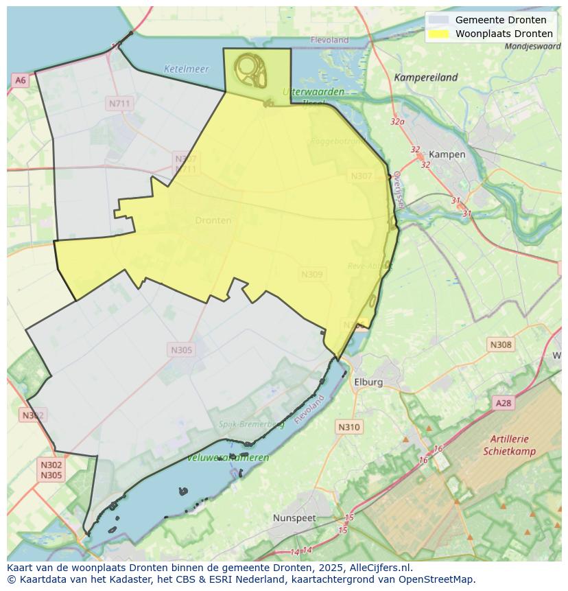Afbeelding van de woonplaats Dronten op de kaart.