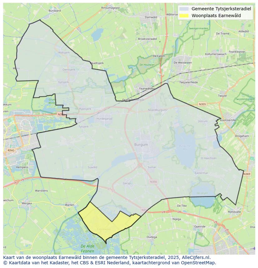 Afbeelding van de woonplaats Earnewâld op de kaart.