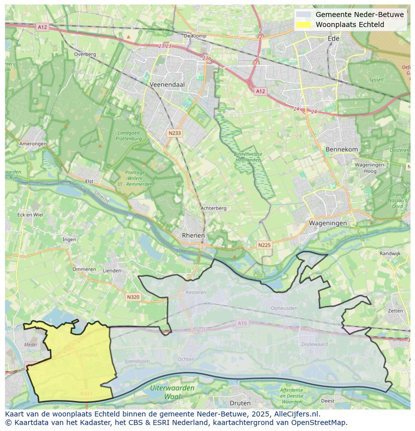 Afbeelding van de woonplaats Echteld op de kaart.