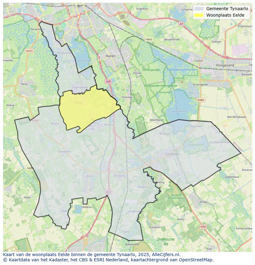 Afbeelding van de woonplaats Eelde op de kaart.