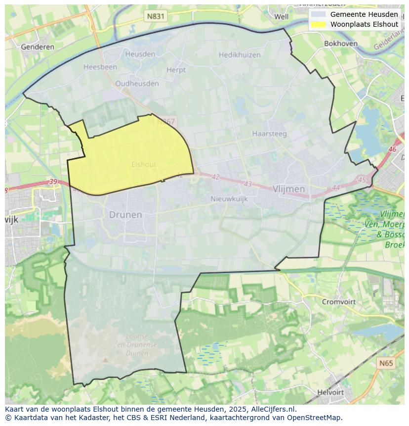 Afbeelding van de woonplaats Elshout op de kaart.