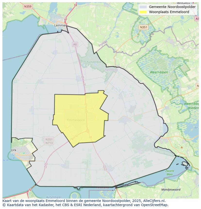 Afbeelding van de woonplaats Emmeloord op de kaart.
