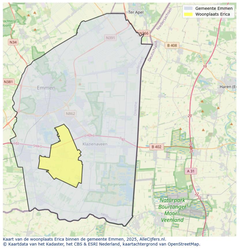 Afbeelding van de woonplaats Erica op de kaart.