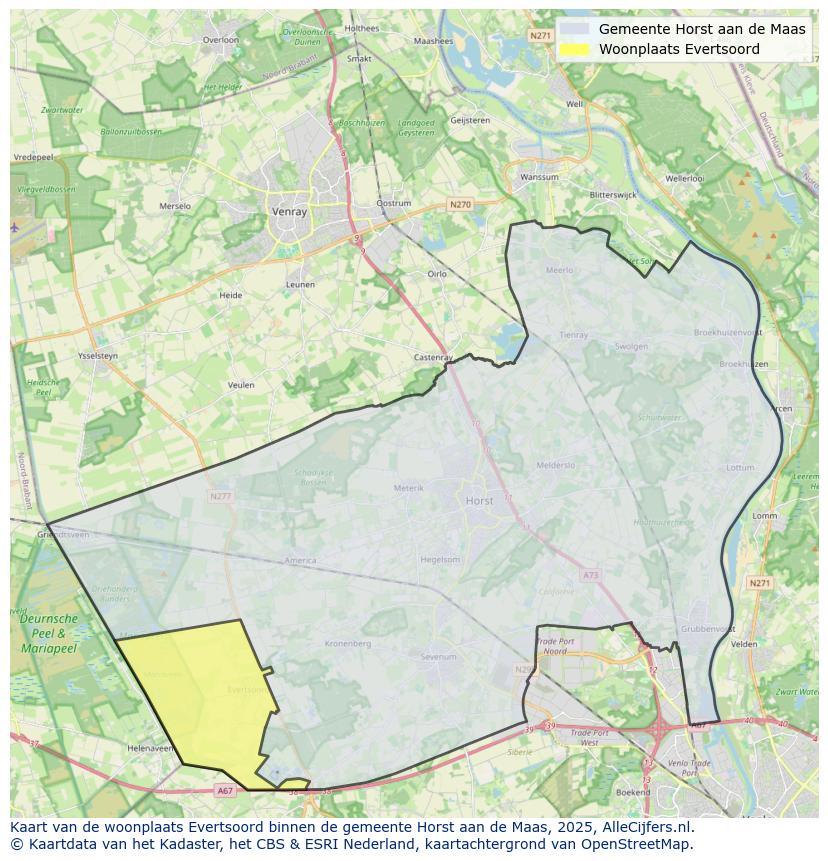Afbeelding van de woonplaats Evertsoord op de kaart.