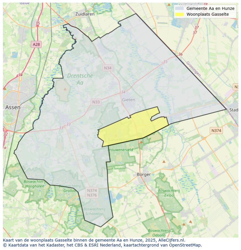 Afbeelding van de woonplaats Gasselte op de kaart.