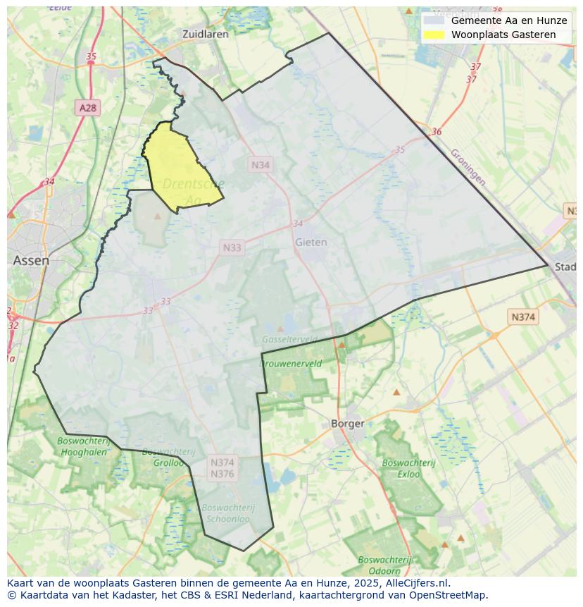 Afbeelding van de woonplaats Gasteren op de kaart.