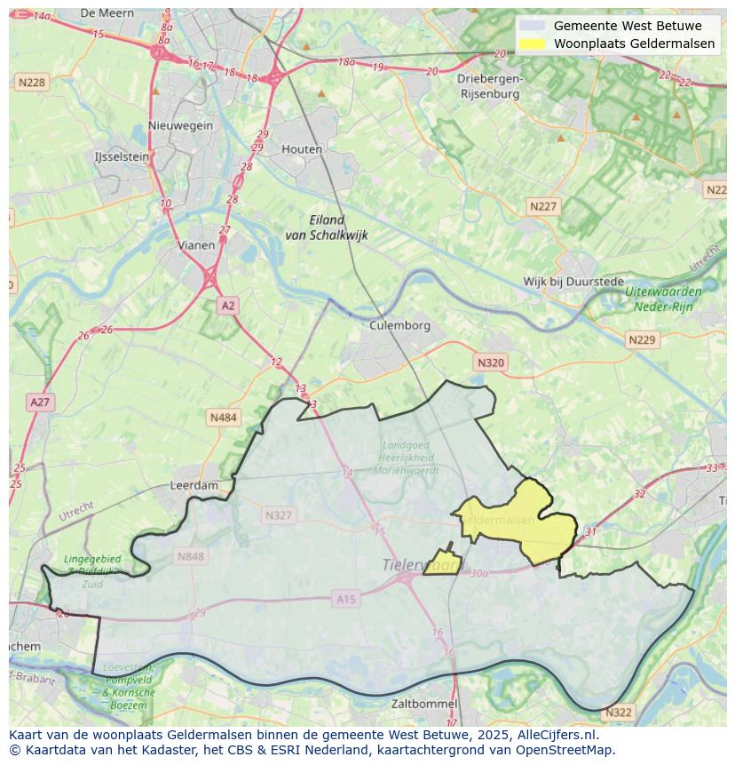Afbeelding van de woonplaats Geldermalsen op de kaart.