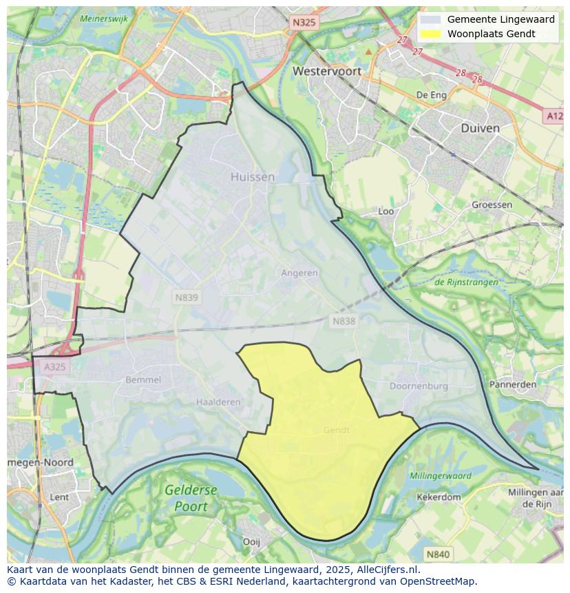 Afbeelding van de woonplaats Gendt op de kaart.