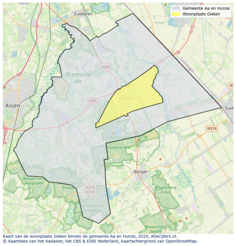 Afbeelding van de woonplaats Gieten op de kaart.
