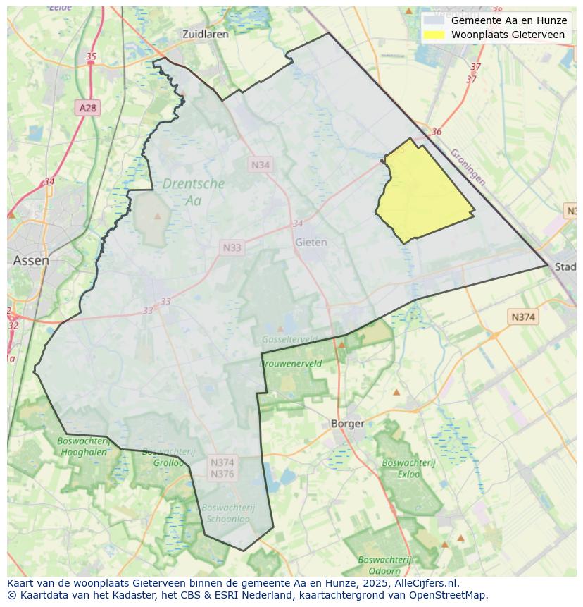 Afbeelding van de woonplaats Gieterveen op de kaart.