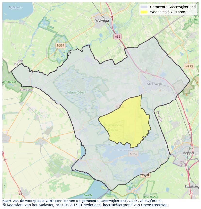 Afbeelding van de woonplaats Giethoorn op de kaart.