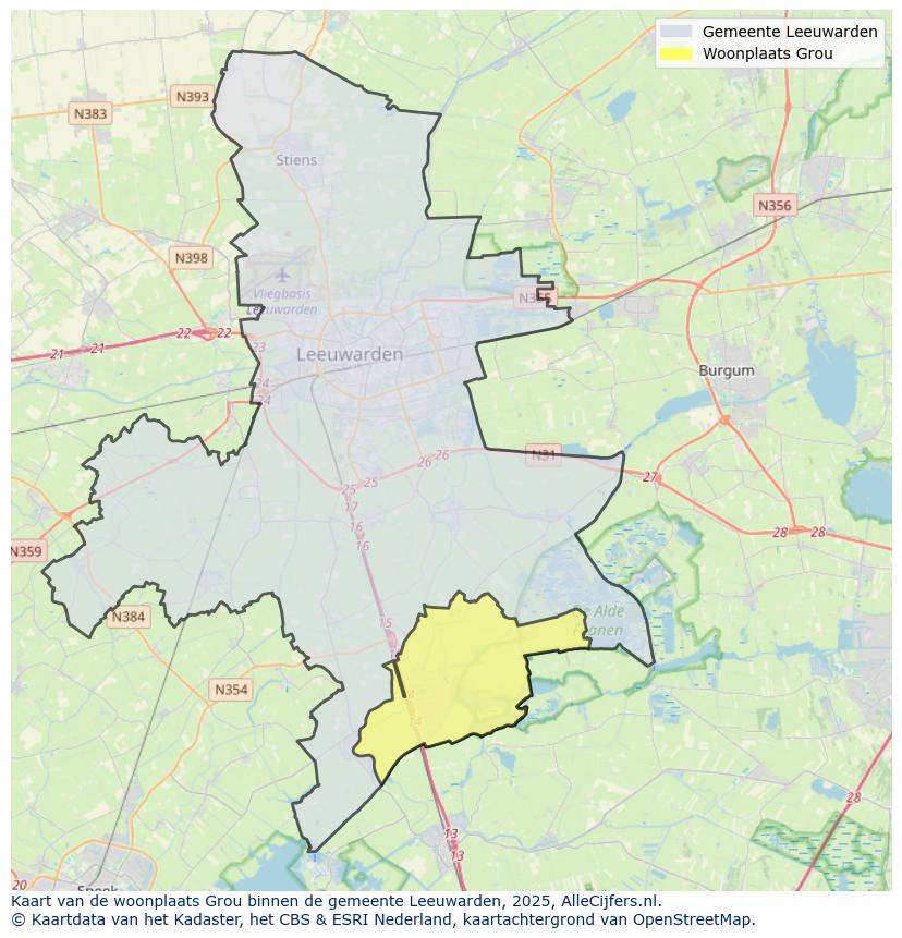 Afbeelding van de woonplaats Grou op de kaart.