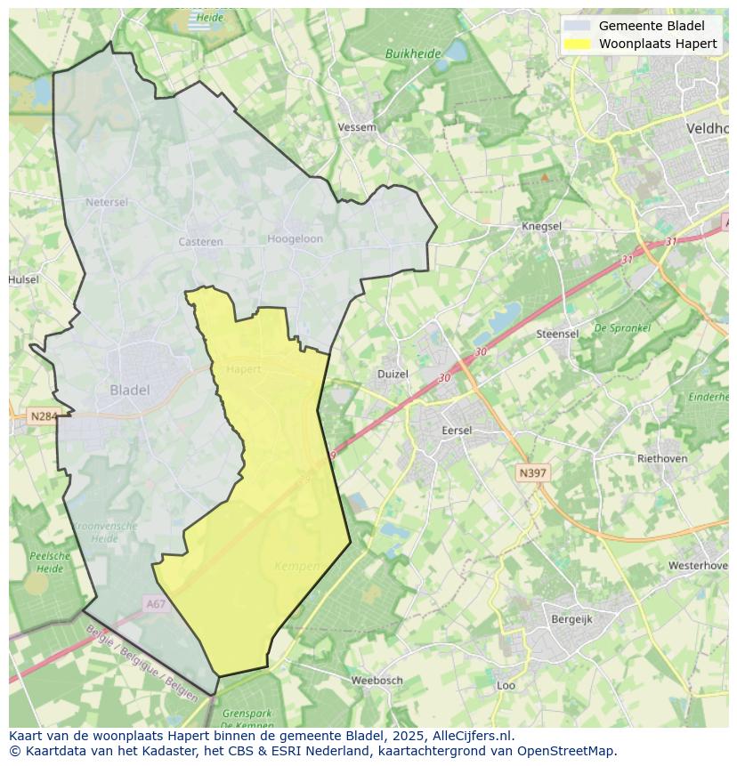 Afbeelding van de woonplaats Hapert op de kaart.